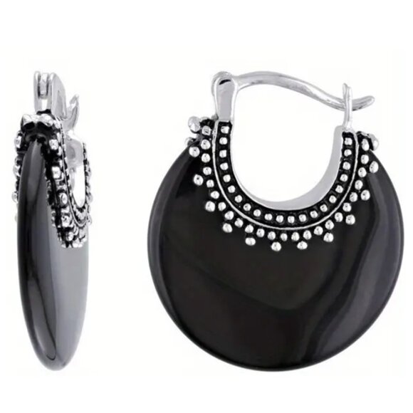 Crescent Hoop Earrings Synthetic Black Onyx Stone & Silver Electro-Plated - Picture 1 of 3